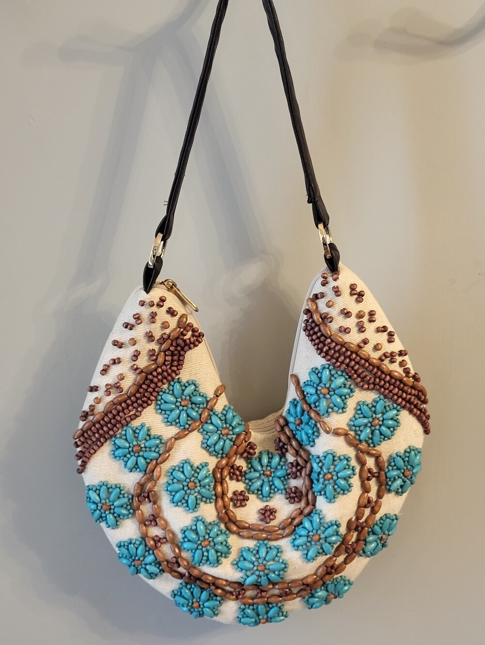 Tianni Y2K Ivory Canvas Crescent Shoulder Bag Beaded